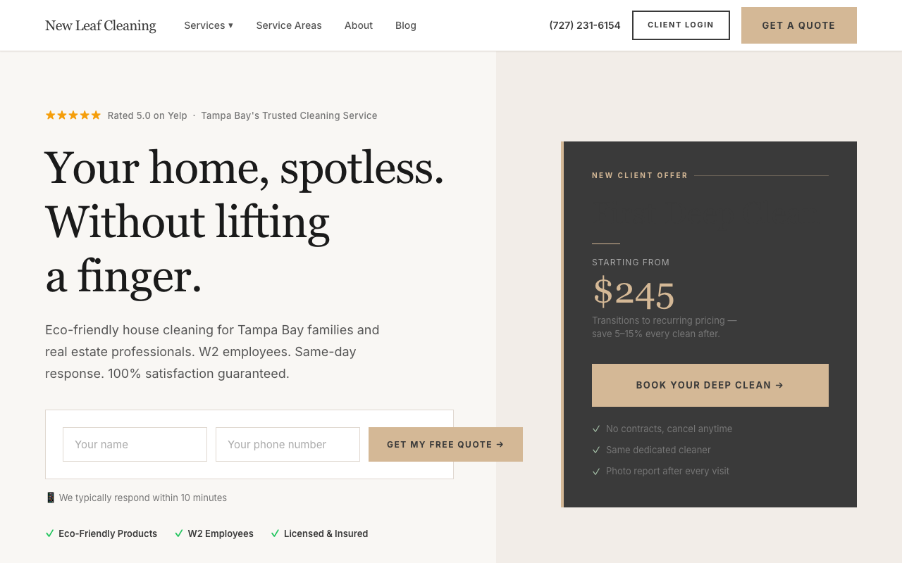 New Leaf Cleaning Service website — custom-coded homepage